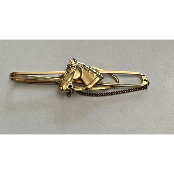 Stratton Horse Head Tie Clip w/ Chain Goldtone 2.5 Inch Made in England - Picture 2 of 7